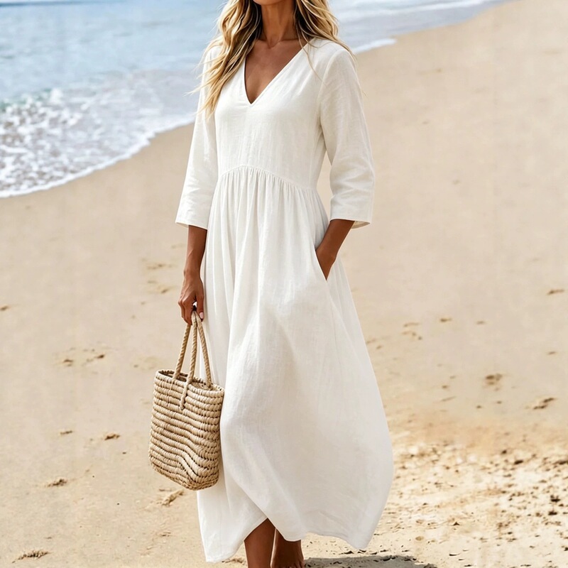 2026 Amazon European and American Cross-Border Spring and Summer New Women's Clothing Solid Color V-Neck Three-Quarter Sleeve Dress Women's Holiday Long Dress 2026 Amazon European and American Cross-Border Spring and Summer New Women's Clothing Solid Color V-Neck Three-Quarter Sleeve Dress Women's Holiday Long Dress
