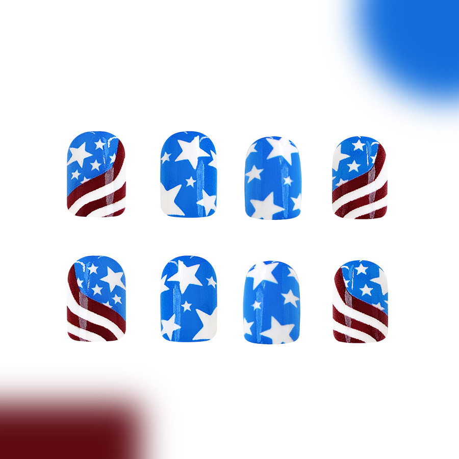 Short bright red and blue color matching color stripe independent day wear nail art American five-pointed star foreign trade nail art 24 pieces_voghion.com
