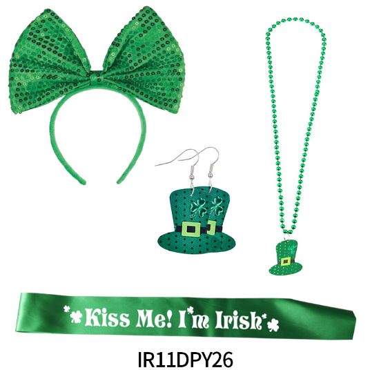 Día de San Patricio traje pajarita cabeza hebilla trébol collar pendientes KISS ME correa de hombro Irish 4-piece Set