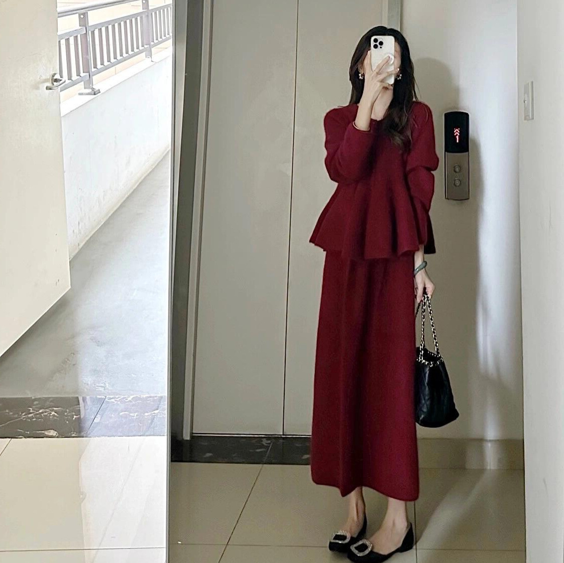 크리스마스 새해 레드 스웨터 참여 원피스 여성의 가을과 겨울 하이 엔드 슈퍼 잘 생긴 니트 스커트 투피스 세트