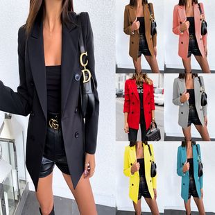 2024Ebay Aliexpress Wish Autumn and Winter New Pure Color Long-Sleeved Double-Row Button Suit Small Outwear Women's Cardigan