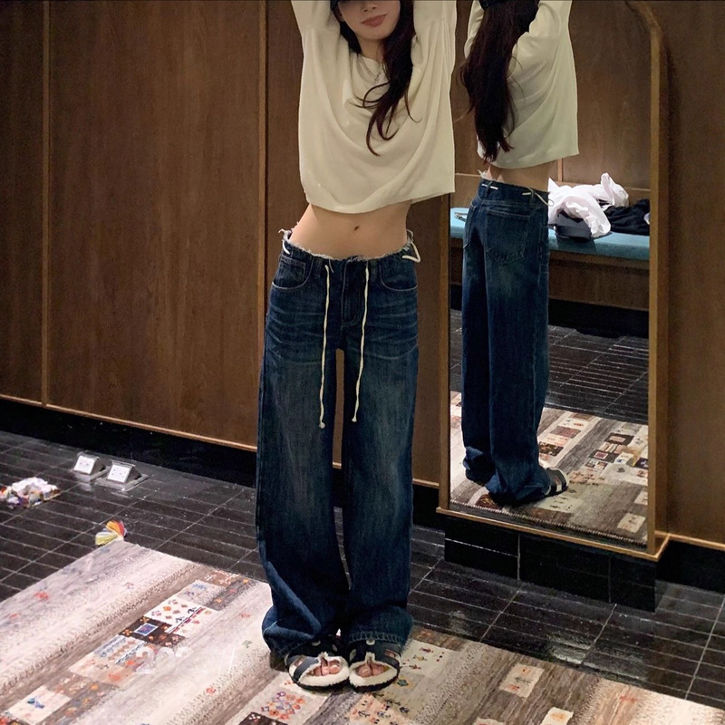 Sunoneoe Loose Wide-Leg Pleated White Lace-Up Raw Edge Jeans Women's Autumn Korean Low-Waist Casual Pants