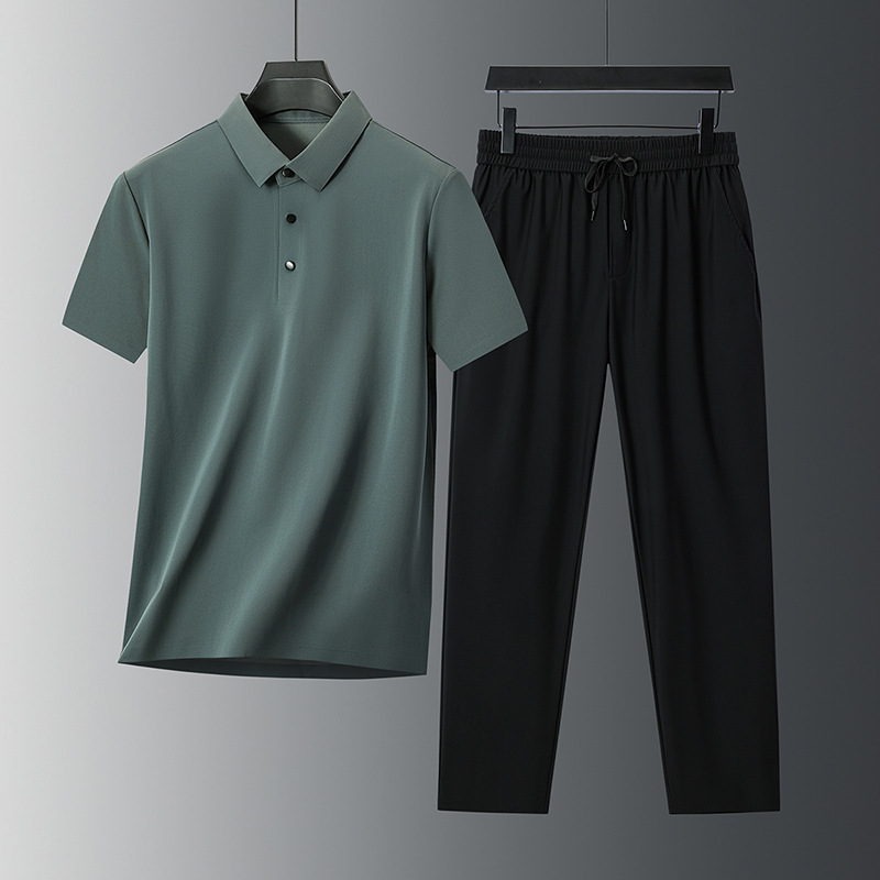 100% Mulberry Silk Men's Light Business Summer Fashion Casual suit Traceless Polo Shirt Middle-aged Dad Two-piece Set