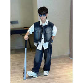 男童秋季韩版宽松潮酷痞帅牛仔马甲绣花字母衬衫百搭牛仔裤三件套