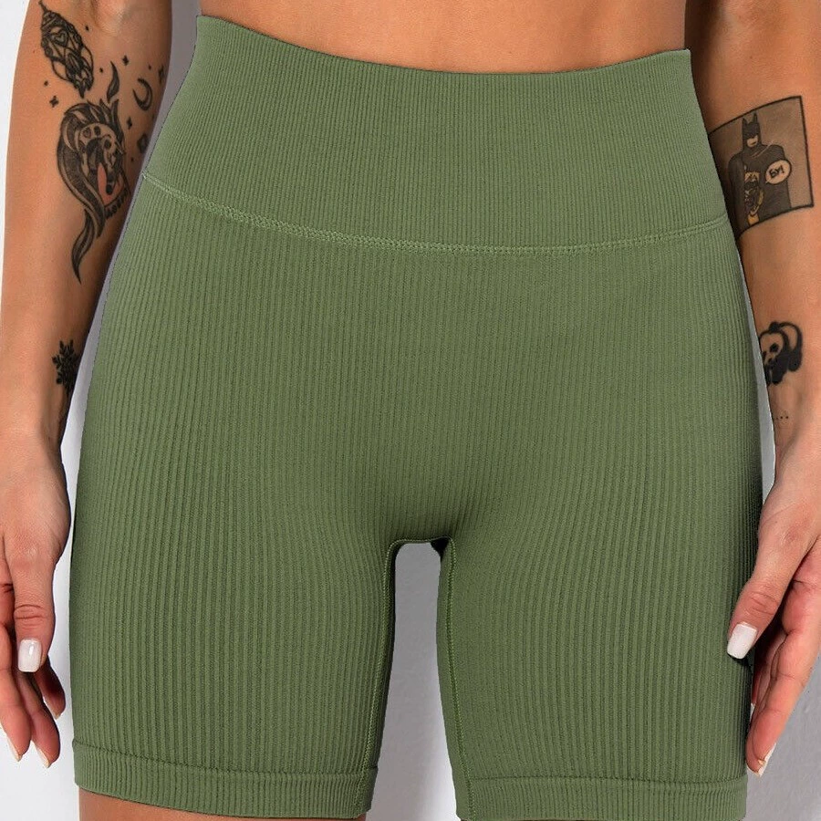 Шорты для йоги европейские и американские однотонные ребристые с высокой талией и подтяжкой бедер узкие эластичные дышащие Бесшовные Спортивные шорты для фитнеса для женщин