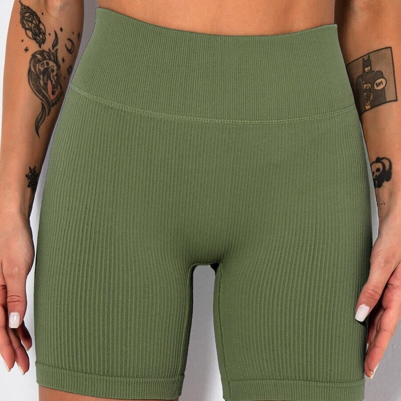 Yoga Shorts European and American Solid Color Ribbed High Waist Hip Lifting Tight Elastic Breathable Seamless Sports Fitness Shorts for Women