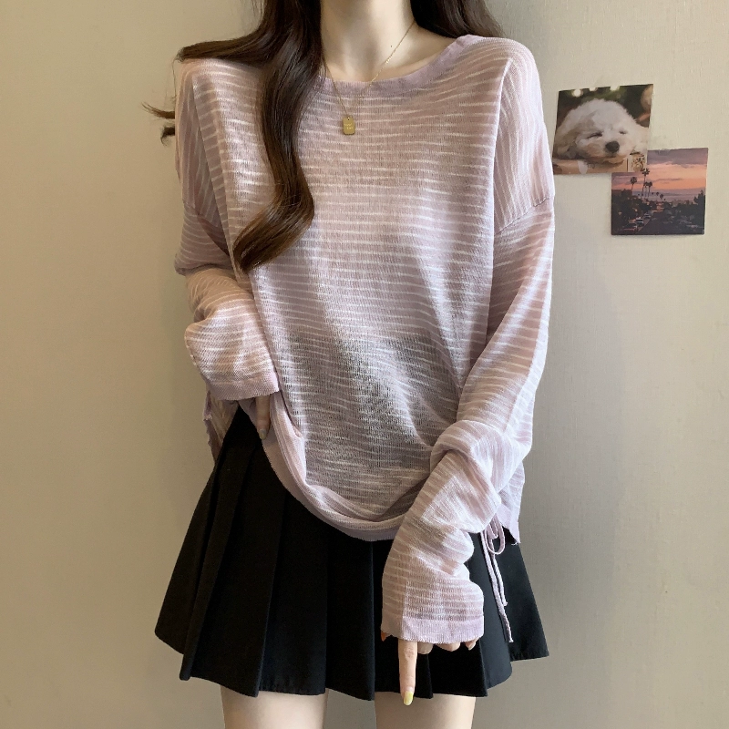 Полосатая вязаная солнцезащитная накидка из ледяного шелка для женщин, тонкий летний стиль, большие размеры, утягивающий дизайн, топ на шнурке, рубашка с кондиционером.