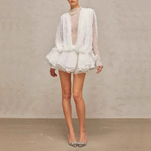 2025年法式网纱蕾丝长袖搭配百褶蓬蓬设计纯欲风连衣裙