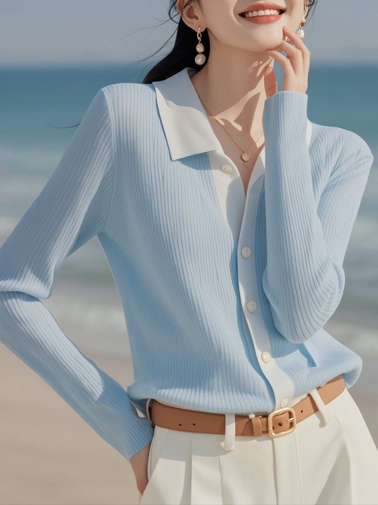 Áo cardigan nữ cổ lật kiểu Pháp, phong cách cao cấp, dệt kim mềm mại — Màu xanh da trời