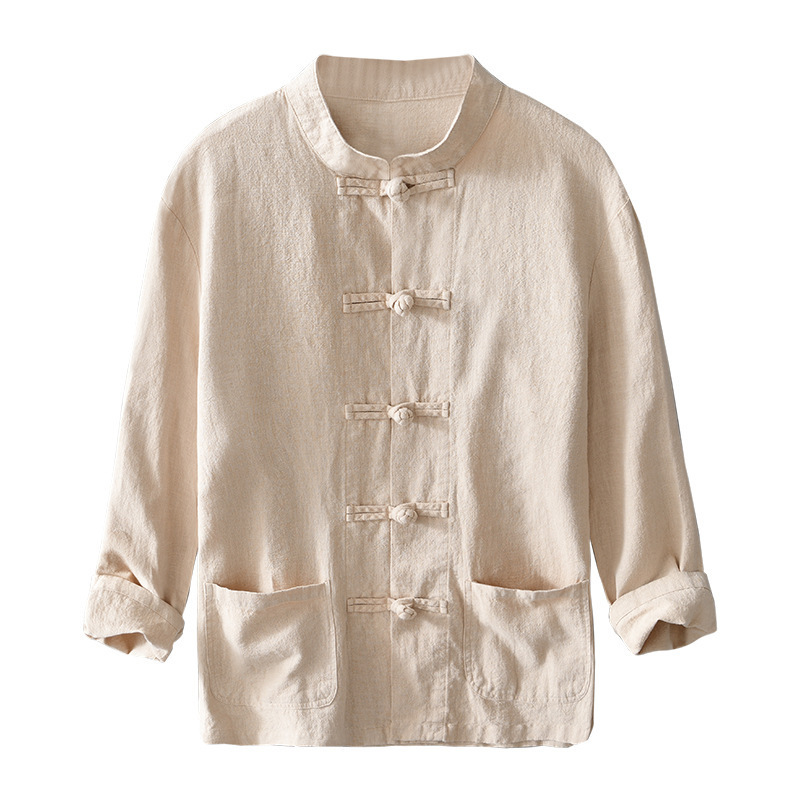 Nacional de moda collar de pie de algodón y lino casual Camisa de manga larga de los hombres de estilo chino hebilla retro más tamaño ramio camisa de lino suelta