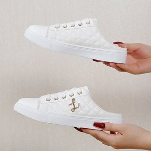 White Shoes Cross-Border Women's 2025 New Low-Heeled Round-Toe Baotou Flats-Soled Half-Drag Simple Work Clothing Pure Color Casual Sneakers