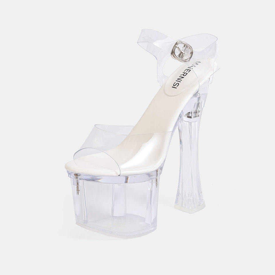 Sandal nữ gót thô siêu cao hở mũi đế trong suốt chống thấm, quai ngang khóa cài — Màu bạc, Màu hồng, Màu trắng, Màu tím chi tiết 7