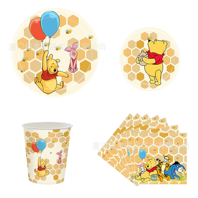 New Hot Sale Winnie the Pooh Theme Party Tableware suit Paper Tray Paper Cup Paper Towel Disposable Tableware Decorations