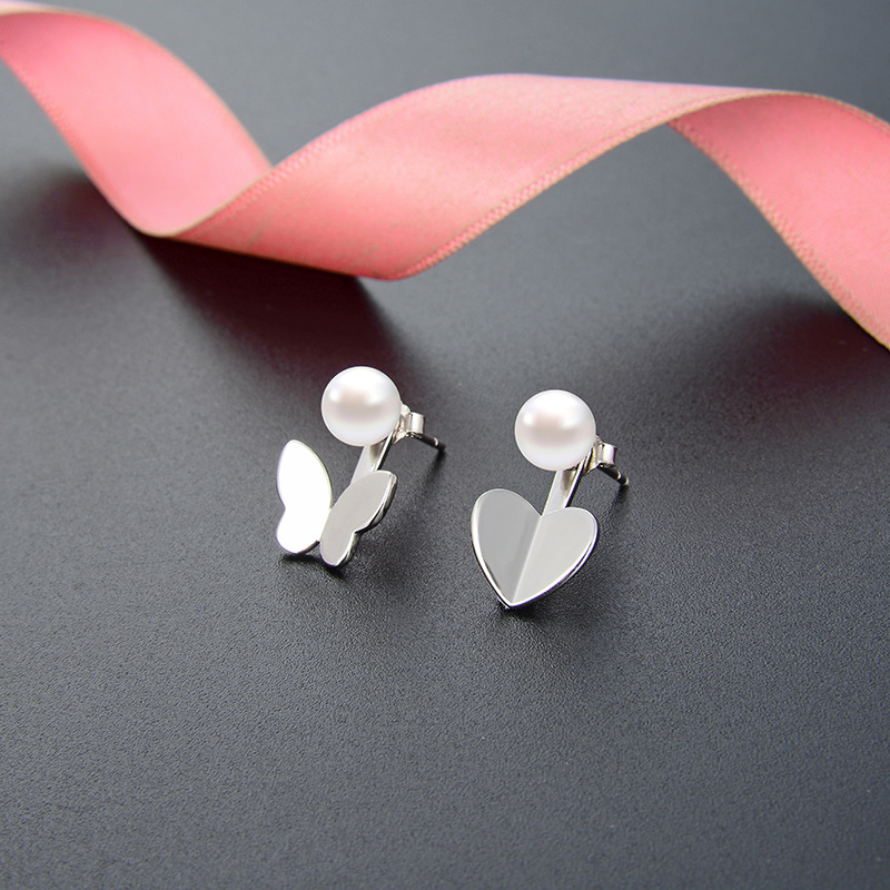 Verano pequeño fresco dulce uno de dos piezas pendientes de mariposa en forma de corazón Pendientes de perlas redondas de plata esterlina S925 para mujer
