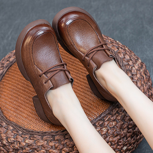 Women's Single Shoes  Autumn New Thick Heel Soft Sole Washed Full Grain Soft Calfskin Retro Style Women's Laced Deep Mouth Shoes