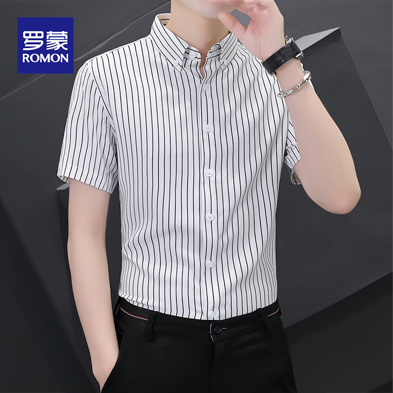 Romon Striped Short-Sleeve Shirt for Men 2025 Summer Ice Silk Thin Business Casual Shirt Trendy Stylish寸衫