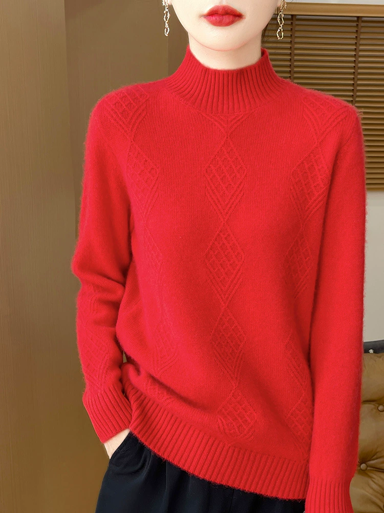 25 new autumn and winter women's half turtleneck cashmere pullover, temperament, simple commuting, 100% wool knitted bottoming and thickening