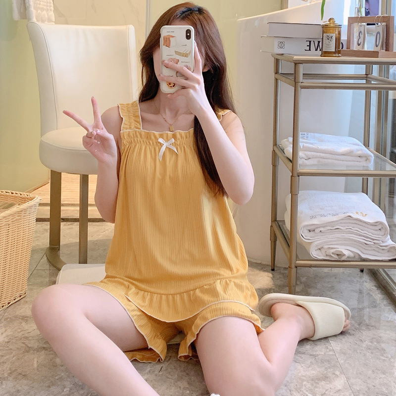 2025 Summer New Milk Silk Ribbed Solid Color Sexy Sweet Camisole Shorts Women's Pajama Set Loungewear 2025 Summer New Milk Silk Ribbed Solid Color Sexy Sweet Camisole Shorts Women's Pajama Set Loungewear
