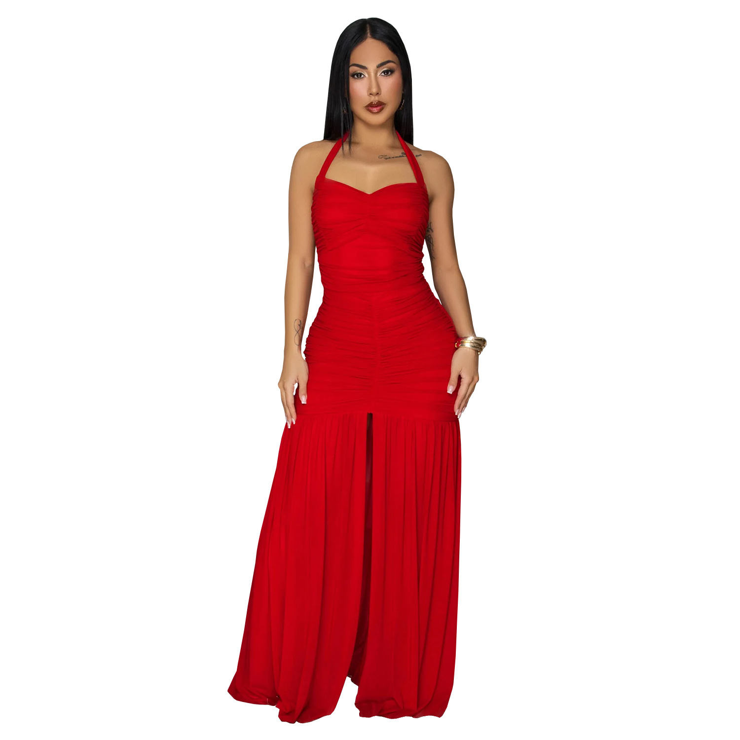 C7656 Aliexpress transfronterizo Amazon Europa y América de moda moda femenina elegante color sólido vestido de trasera abierta image 8