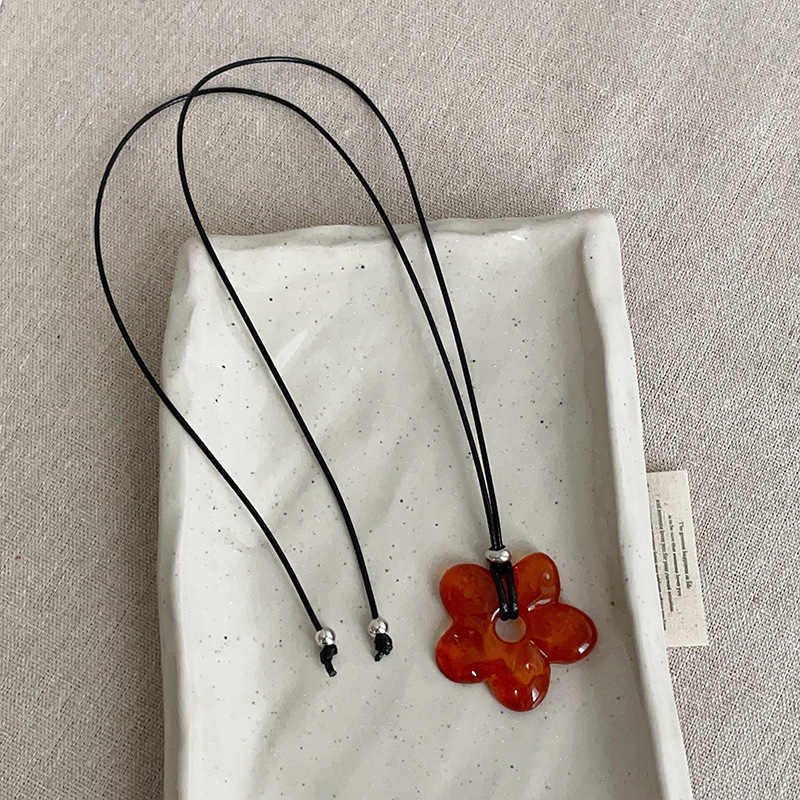 简约百搭琉璃花朵黑绳项链女高级感个性精致时尚潮流颈链锁骨链|undefined