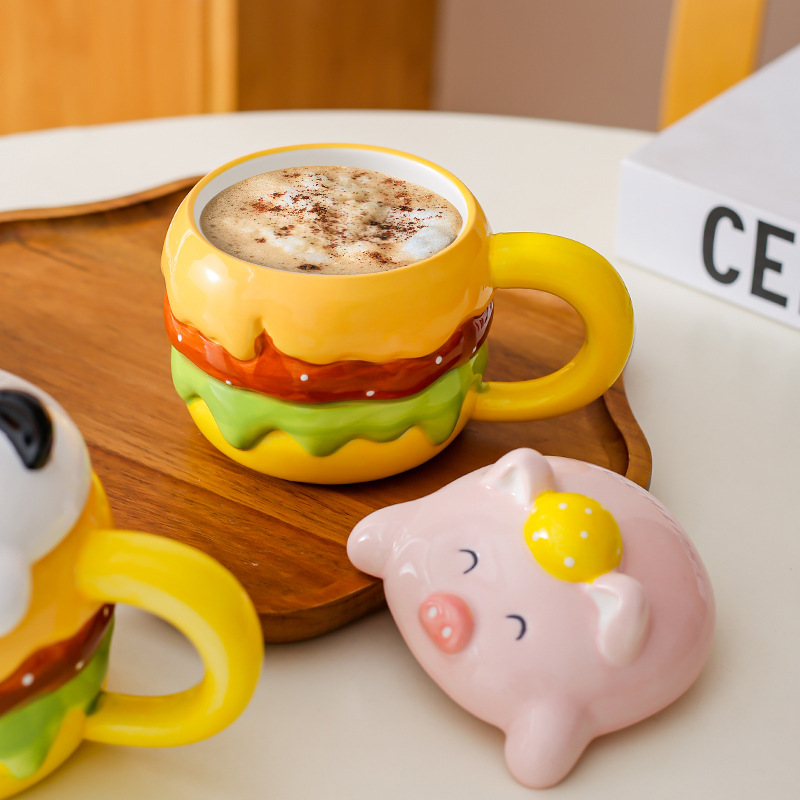 Creativa hamburguesa dibujos animados linda taza de cerámica taza de desayuno de gran capacidad taza de café taza de pareja taza de agua para el hogar