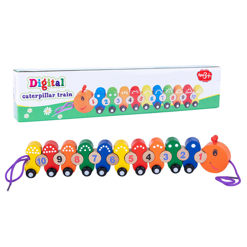 Tren de oruga de madera Tractor de remolque de madera Forma geométrica de madera Trailer de columna Juguetes educativos de iluminación para niños