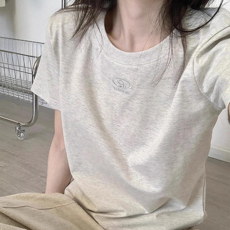 Fanxi Clothing アメリカングレー ラウンドネック 刺繍 半袖 Tシャツ レディース 2025年夏新作 ゆったり カジュアル ショルダートップ|undefined