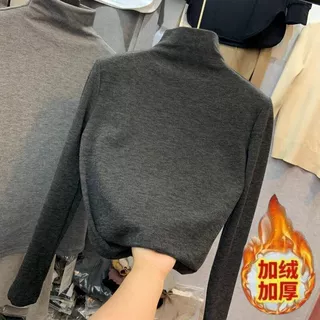 秋冬半高领加绒加厚打底衫女设计感内搭修身显瘦百搭纯色简约上衣