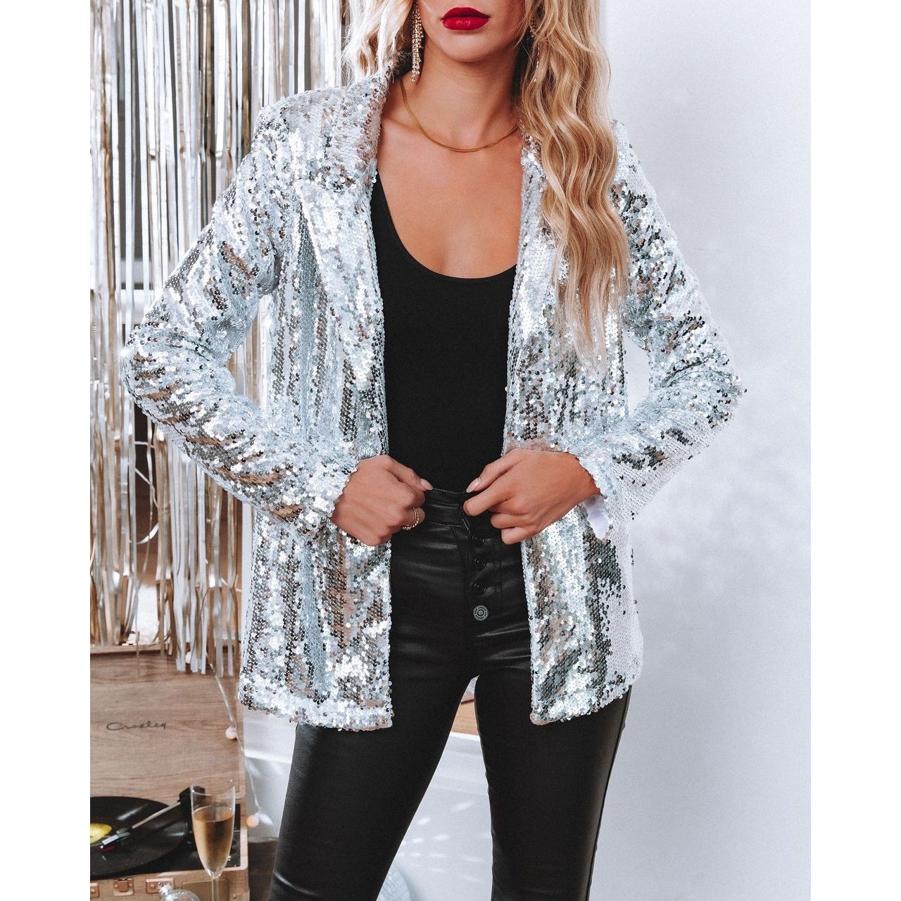 Saco Blazer Casual para Mujer con Solapa de Lentejuelas Manga Media para Primavera image 5