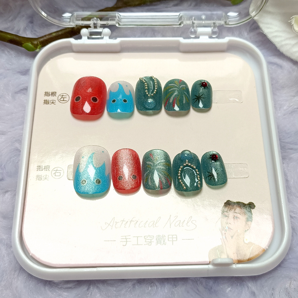 Uñas postizas artesanales con efecto llama pequeña, piezas de uñas postizas con efecto ojo de gato fuegos artificiales, set de 10 uñas postizas cortas con perlas al por mayor.