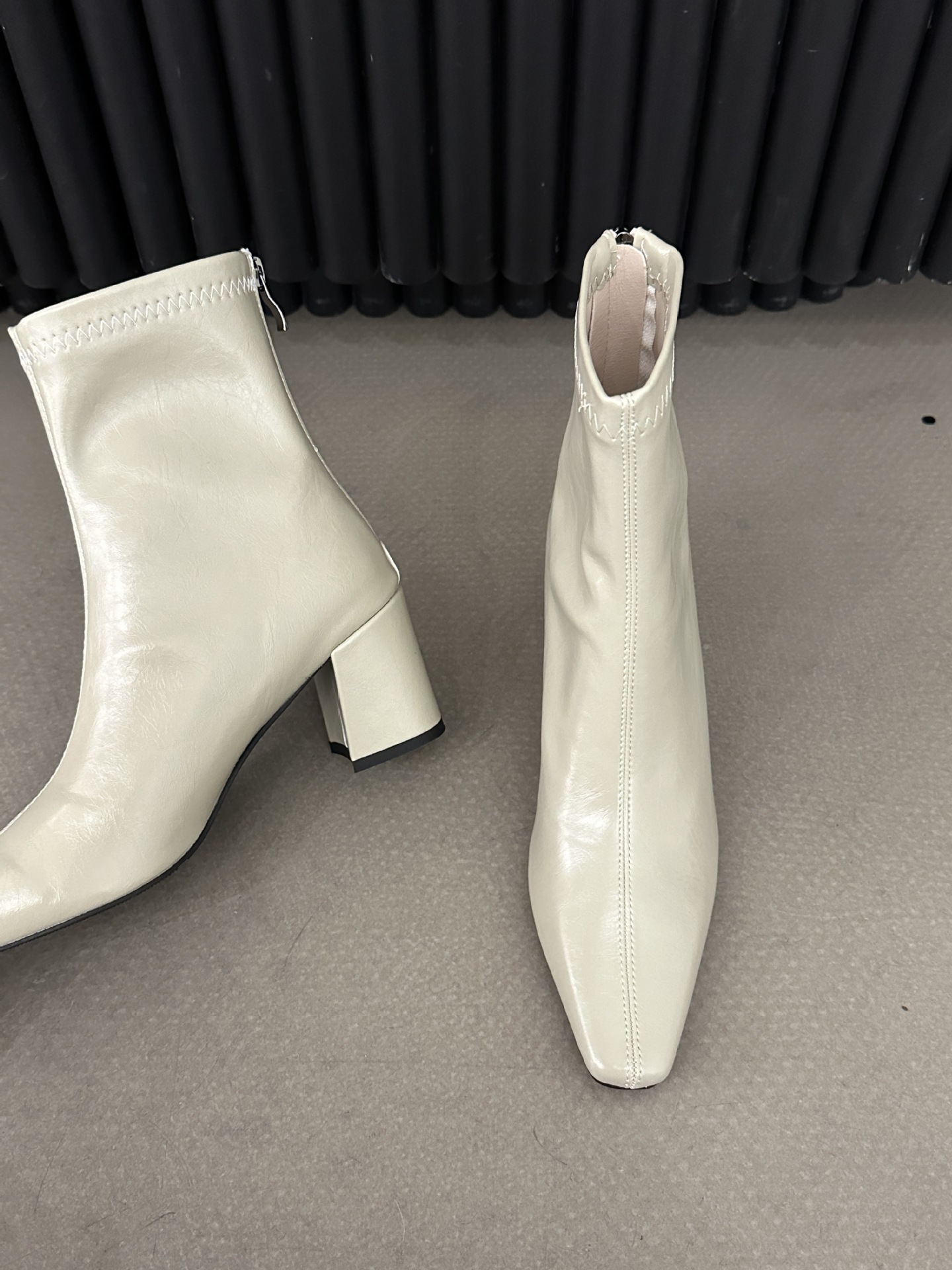 ShoeVault Korean Style Minimalist Soft Leather Stretch Slim Bare Square Toe Chunky High Heel Short Slimming Height Increasing_vogvips.com