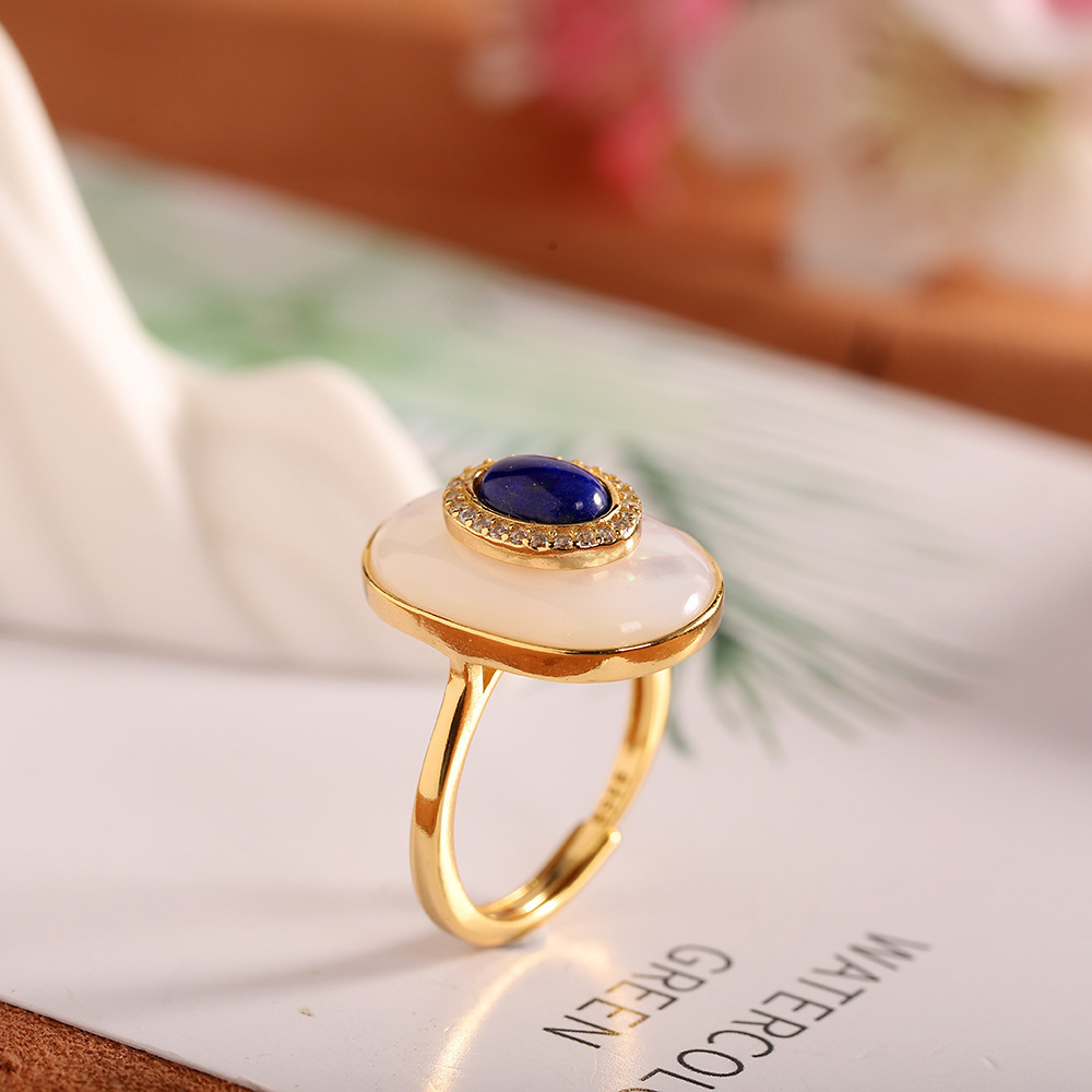 Elegant White Shell And Lapis Lazuli Ring With Zircon For Women_voghion.com