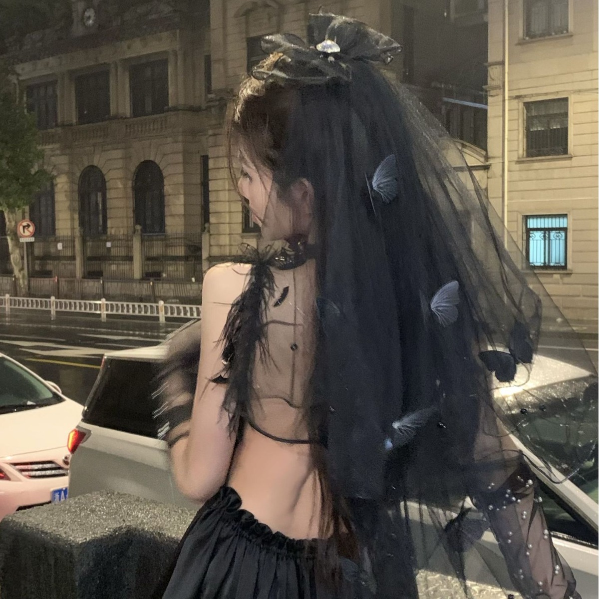 Elf de la bruja oscura Halloween disfraz de fantasma de la novia velos de cabeza arco negro tocado extraño vestido de cabello mujer