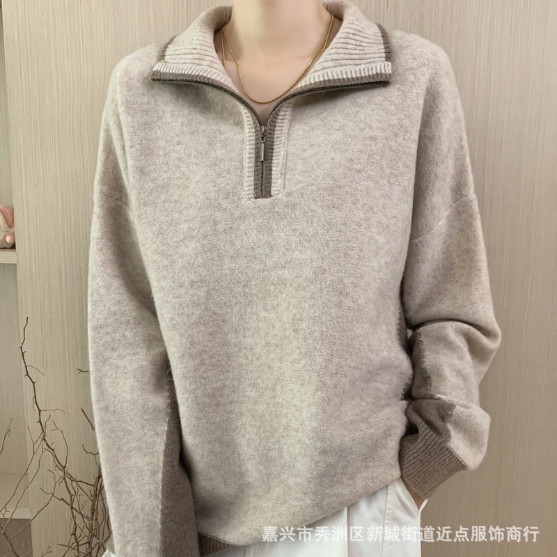 2025跨境亚马逊外穿软糯半高领拉链新款毛衣厚中长款宽松套头衫女|undefined