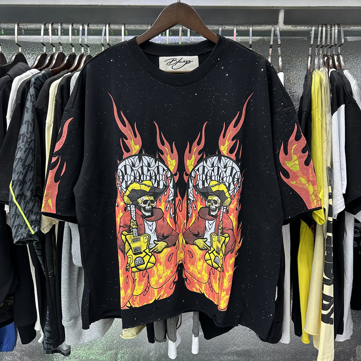 Transfronterizo nueva venta en caliente BKS camiseta de manga corta extraña esqueleto retro lavado de agua caliente perforación en caliente para hombres y mujeres de moda en stock lotes