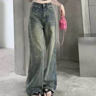 美式复古高街做旧牛仔裤女秋季高腰显瘦阔腿裤直筒裤拖地长裤子潮