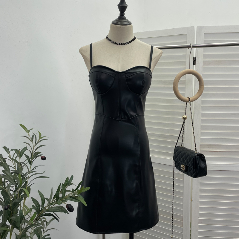 Real Shot Sexy Sling Sheath A line Faux Leather Waist Slimming Short Chest Pad Dress