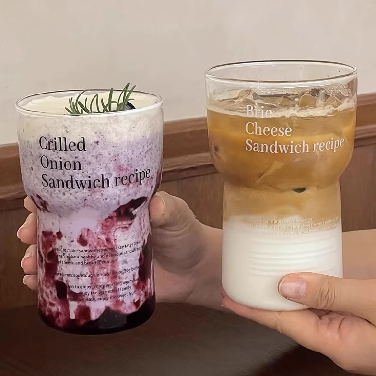 Taza de vidrio simple, taza de café fría, taza de desayuno, taza de jugo, logotipo de letras coreanas resistentes al calor