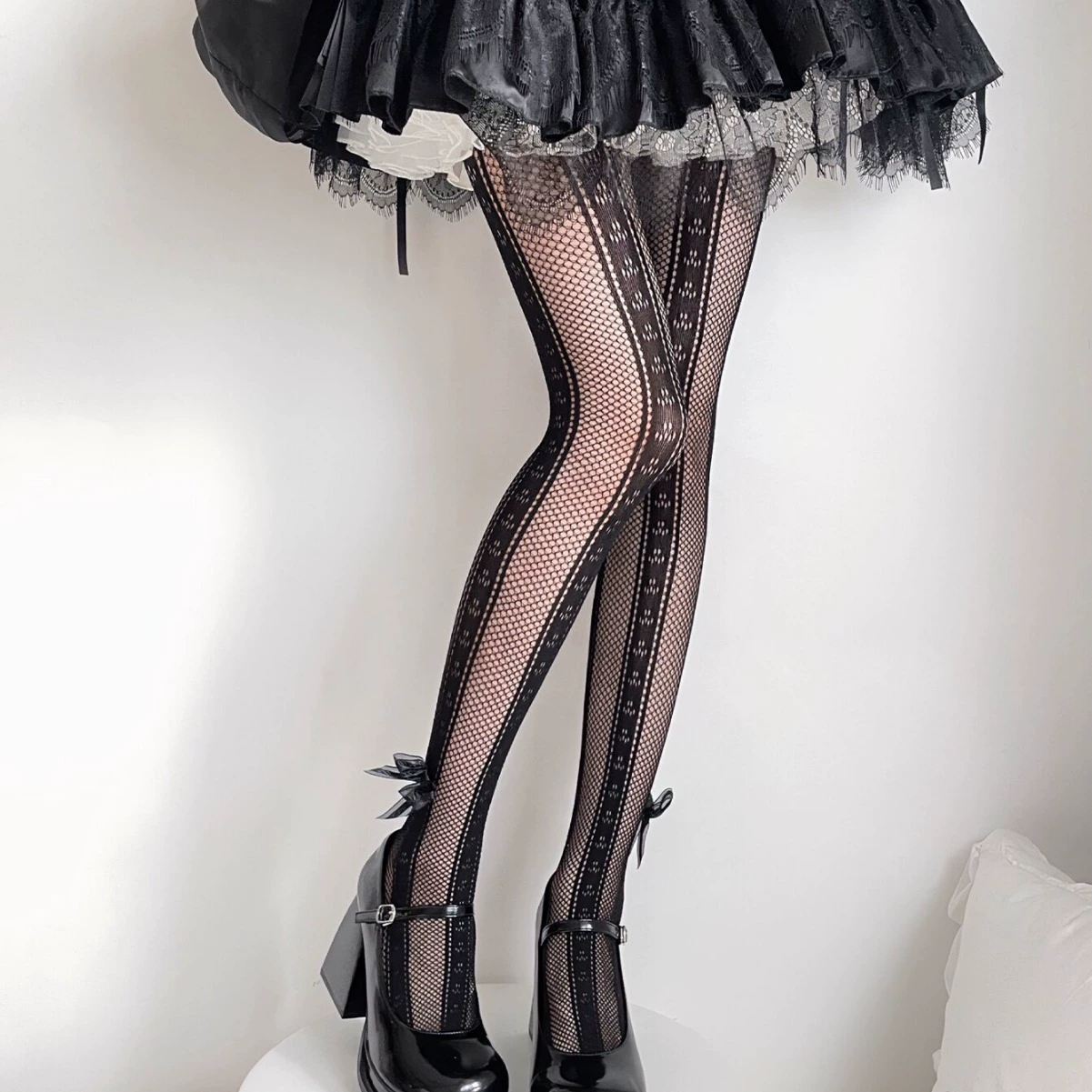Сетчатые колготки, lolita стиль, чёрные с бантом, летние тонкие, one size