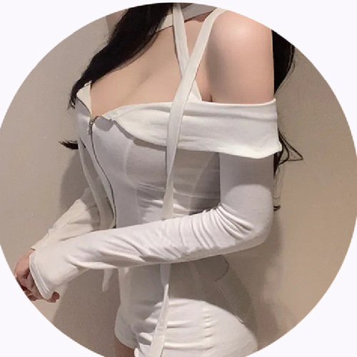 Korean off-shoulder long-sleeve tied-up top, showing chest, elegant temperament, Dongdaemun new item, trendy, womanly charm, sexy women's T-shirt
