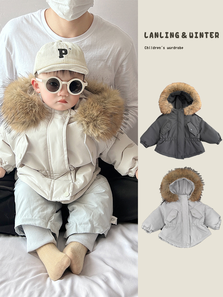 Ropa de algodón de invierno para niños coreanos, abrigo de cuello de lana a prueba de viento, chaqueta de algodón caliente para bebés