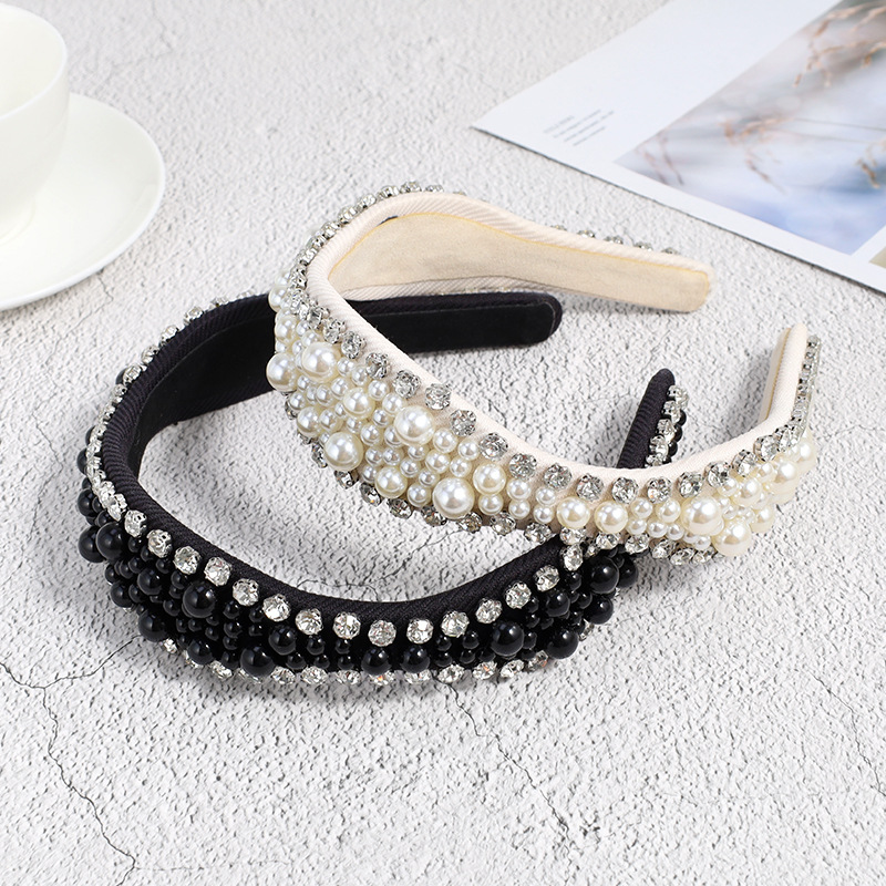 Fashion Solid Color Cloth Inlay Rhinestones Pearl Hair Band 1 Piece display picture 3