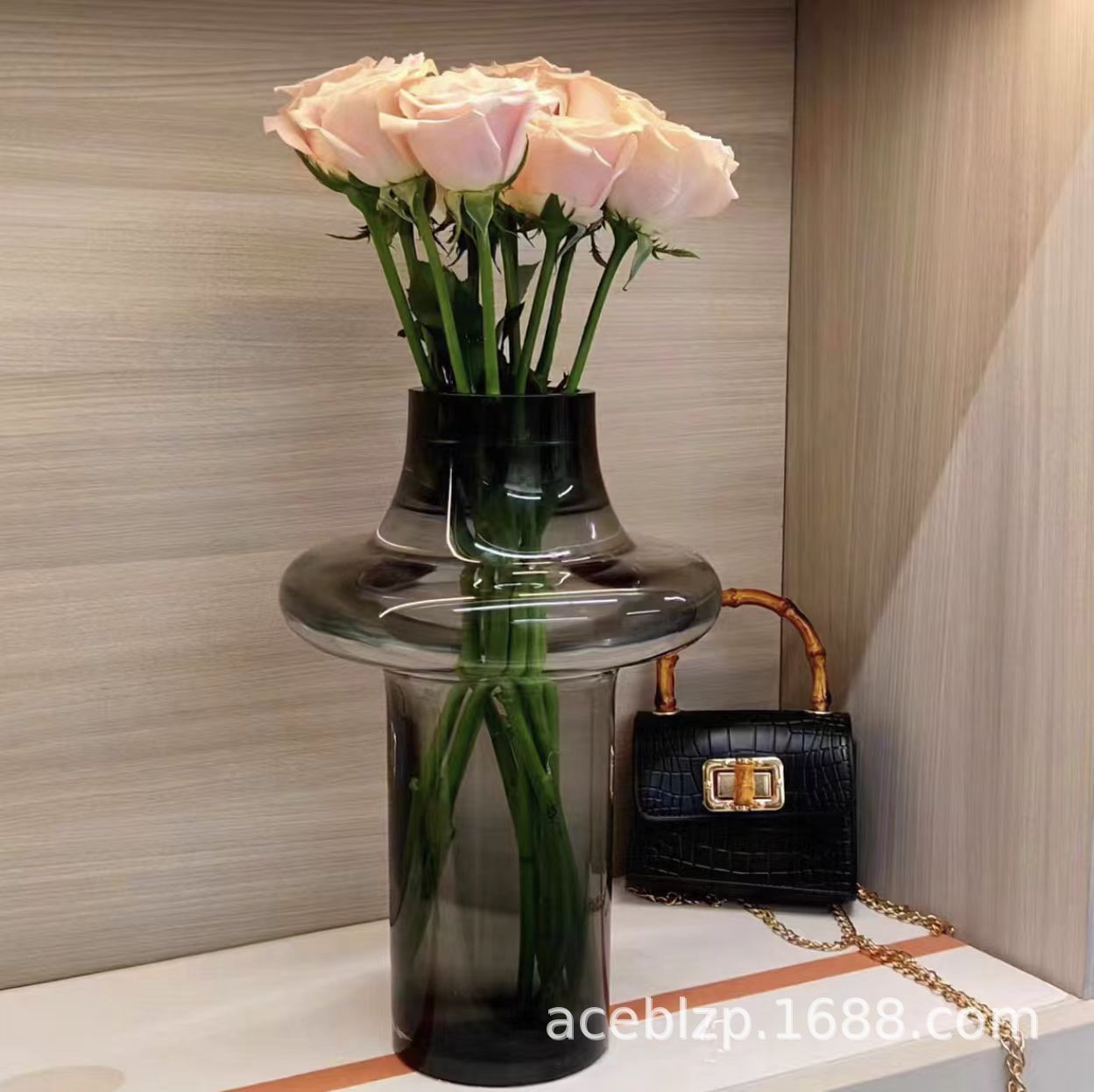 Creative Big Belly Gray Glass Vase Flower Arrangement European Style Glass Water Flower Arrangement Flowers Living Room Desktop Decoration