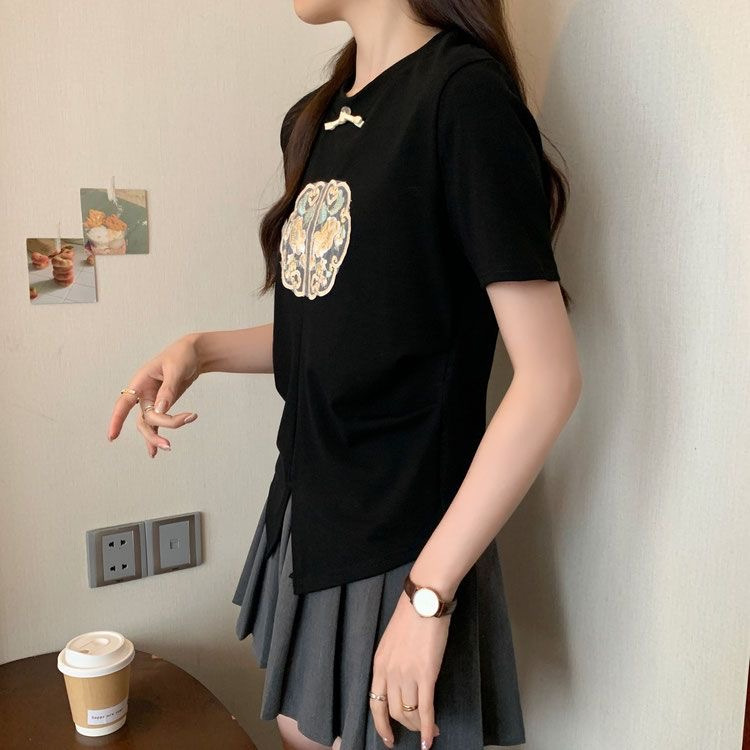 2024 Summer Embroidered Split Short Sleeve Design T-shirt New Chinese style High end Bottom Top_voghion.com