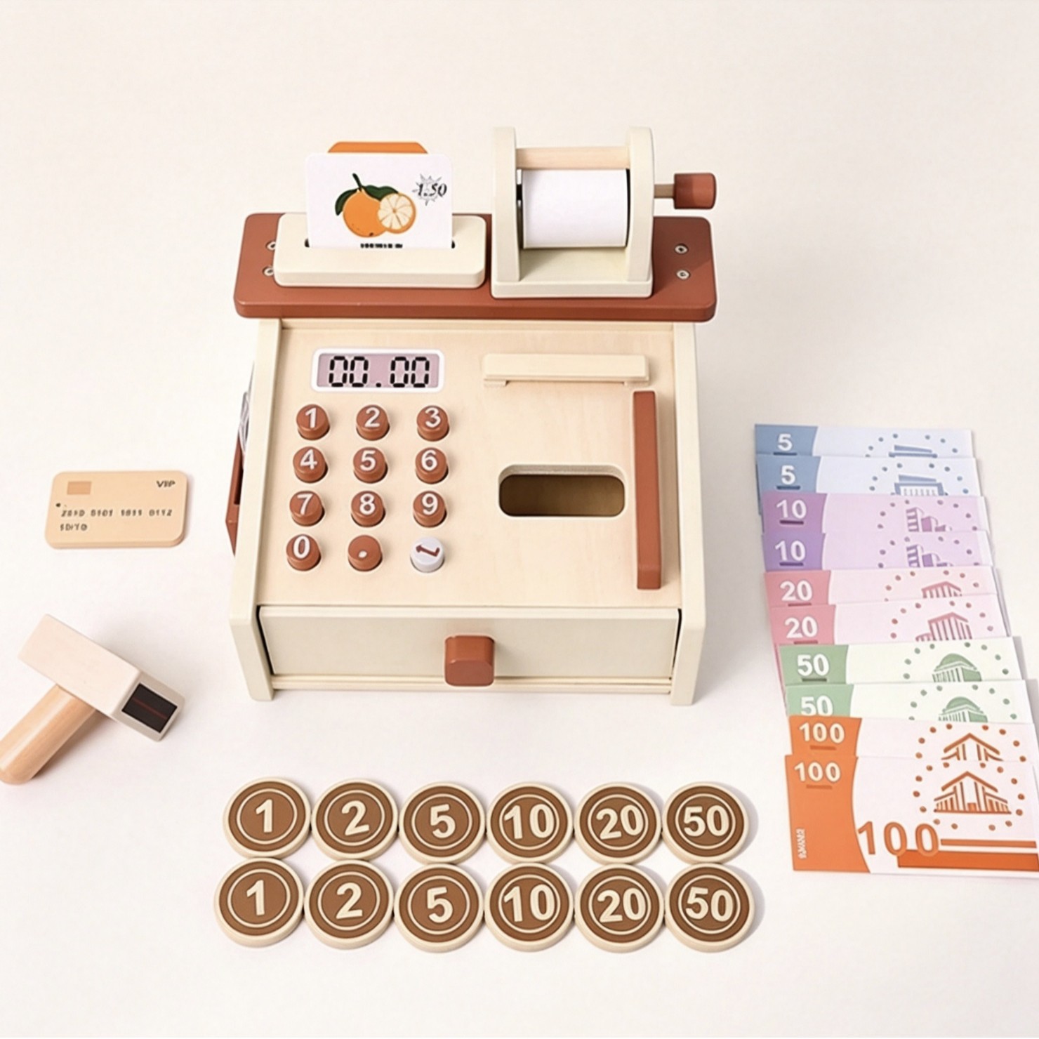 Wooden simulation supermarket cash register, children's counting barcode scanner, vending machine, cashier counter, pretend play toy