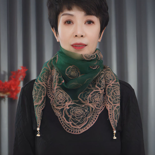 Magnetic buckle embroidered square scarf-green rose