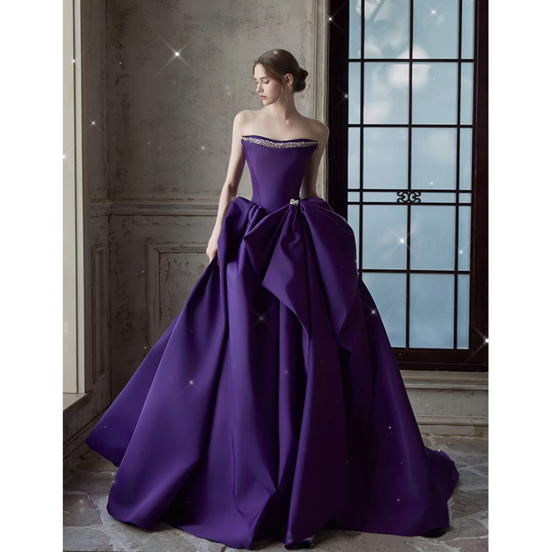 Purple Light Luxury Evening Gown for Women, Strapless Banquet Dress, Travel Photography, Puffy Skirt, Light Wedding Dress, Noble Princess