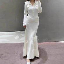 2023年秋冬新款polo领长袖纯色修身针织长裙女淑女中长款