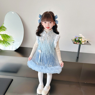 2023 autumn and winter New Aisha sequined improved cheongsam dress Chinese style girls' fleece-lined vest dress western style