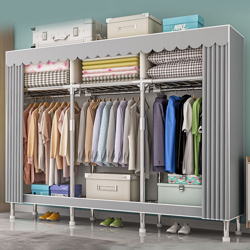 Simple Wardrobe Home Bedroom Assembly Cloth Wardrobe Full Steel Frame Thick Reinforced Storage Cabinet for Rental Room Hanging Wardrobe